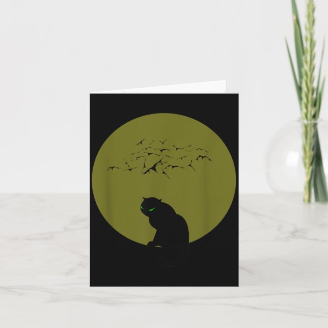 Black Cat Moon Bats Halloween Card (Front)