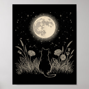 Black Cat Moon Floral Aesthetic Men Women Kitten Poster