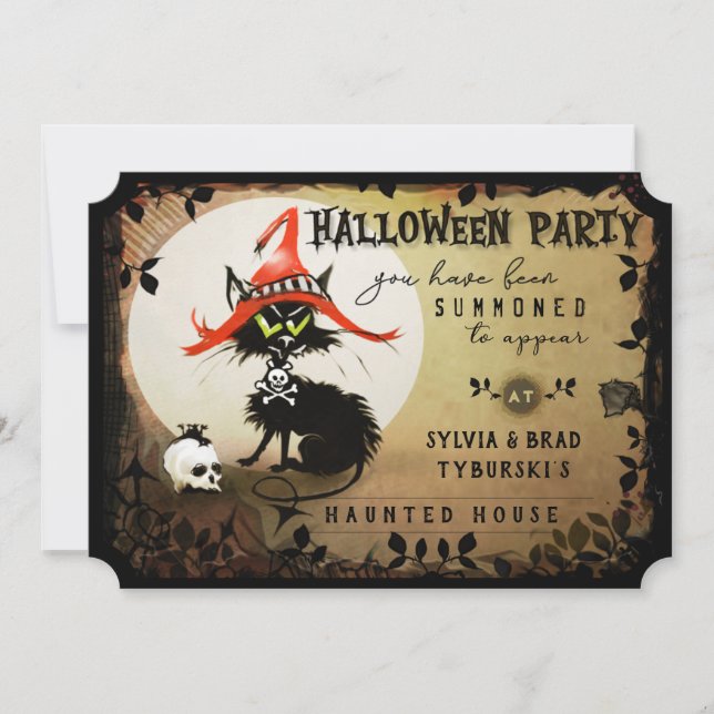 Black Cat & Moon Halloween Party Invitation (Front)