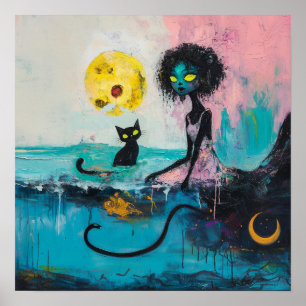 Black Cat Moon Magical Witchy AI Art Semi-Gloss Poster