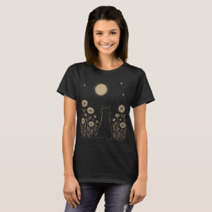 Black Cat Moon Minimalist Wildflower T-Shirt