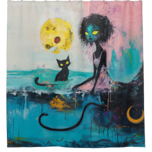 Black Cat Moon Ocean Pink Magical Witchy AI Art Shower Curtain