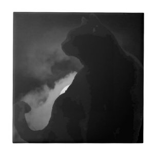 Black Cat Moonlight Silhouette Ceramic Tile