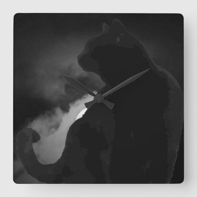 Black Cat Moonlight Silhouette Square Wall Clock (Front)