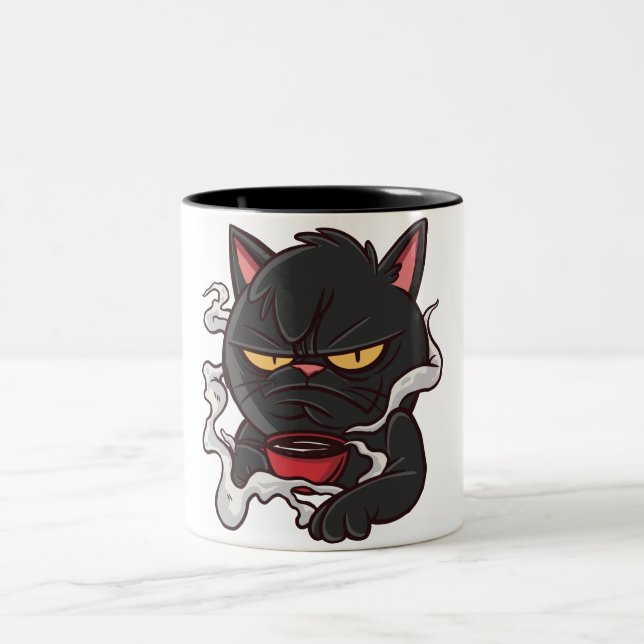 Black Cat Morning Coffee Two-Tone Coffee Mug (Center)