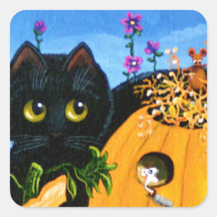 Black Cat Mouse Pumpkin Fall Creationarts Square Sticker