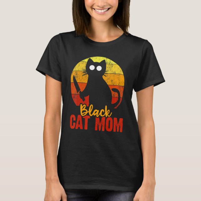 Black Cat Mum Halloween Gore Meow With Bloody Knif T-Shirt (Front)