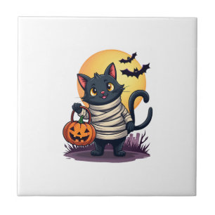 Black Cat Mummy Men Women Kids Halloween Funny Bla Ceramic Tile