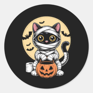 Black Cat Mummy Men Women Kids Halloween Funny Classic Round Sticker