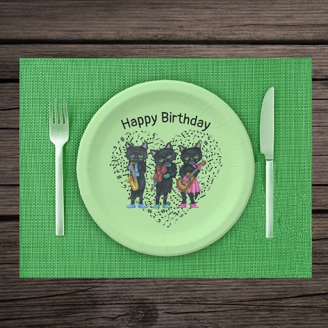 Black Cat Musicians Instruments Music Note Heart Paper Plate (Black cat musicians playing instruments on heart of music notes on light green Birthday paper plates)