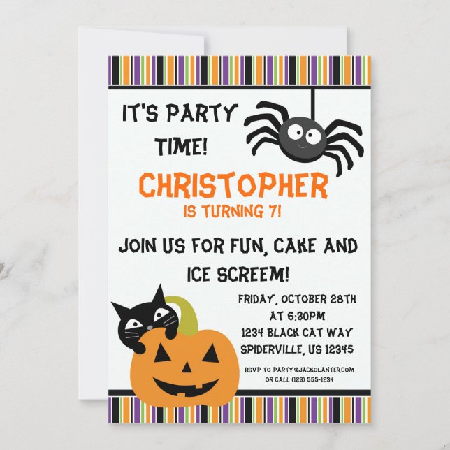 Black Cat n Spider Halloween Birthday Party Invite (Front)