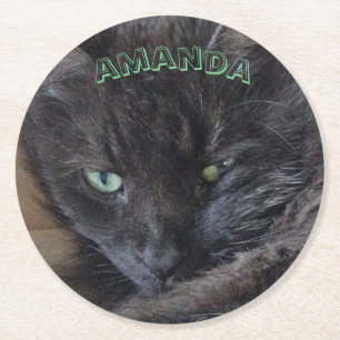 Black Cat Name Round Paper Coaster