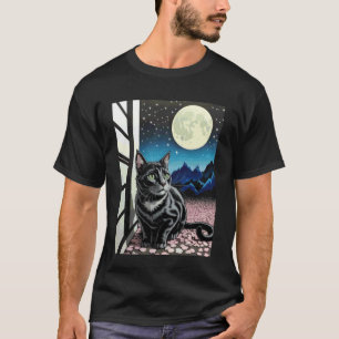 Black Cat Night Scene Cherry Blossom Moon Mountain T-Shirt