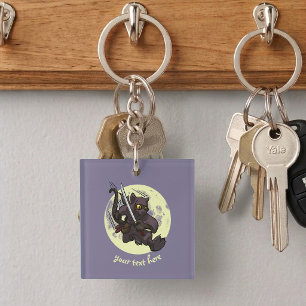 Black Cat Ninja Katana Swords Flying Kick Cartoon Key Ring