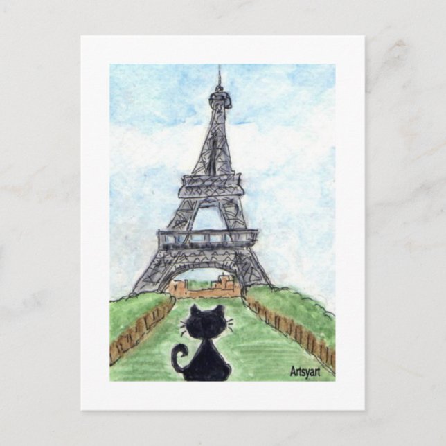 Black cat Noir Chat Looking at Eiffel Tower Art Postcard (Front)