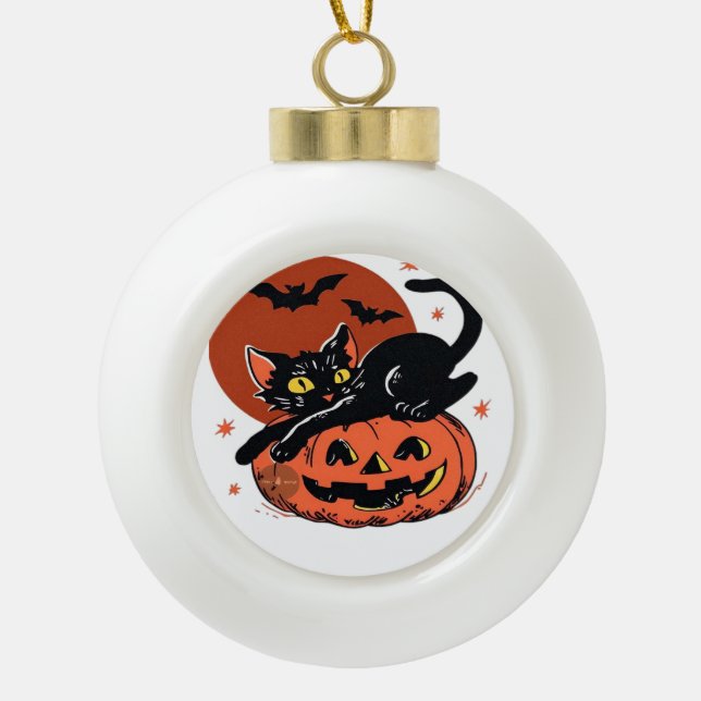 Black Cat, Nostalgic Halloween Classic T-Shirt Ceramic Ball Christmas Ornament (Front)