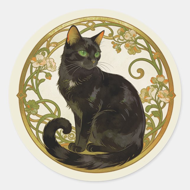 Black Cat Nouveau Classic Round Sticker (Front)