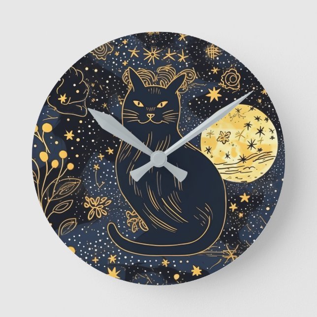 Black Cat of the Starry Skies Round Clock (Front)