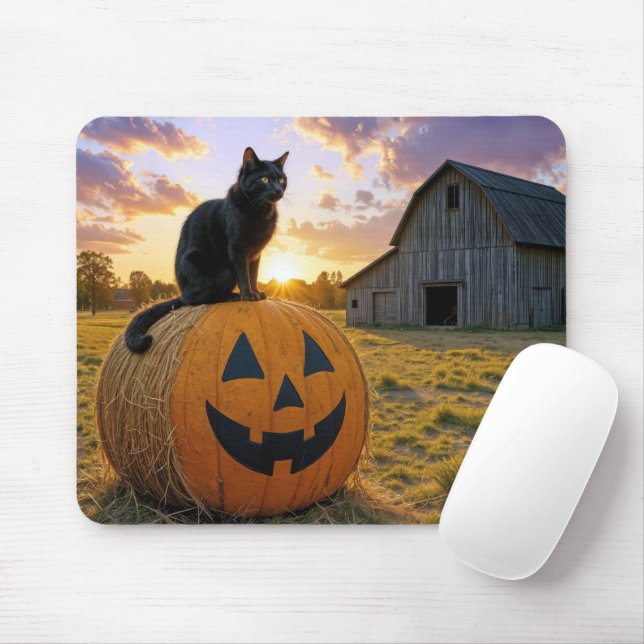 Black Cat On a Pumpkin Hay Bale Mouse Pad (With Mouse)