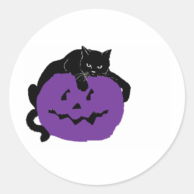Black Cat On A Purple Pumpkin Classic Round Sticker (Front)