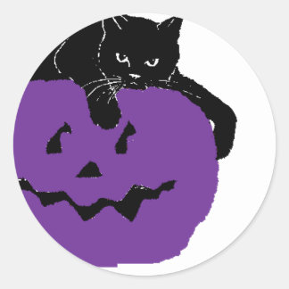 Black Cat On A Purple Pumpkin Classic Round Sticker