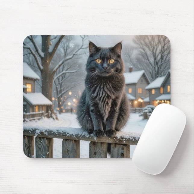 Black Cat On a Snowy Fence Mouse Pad (With Mouse)