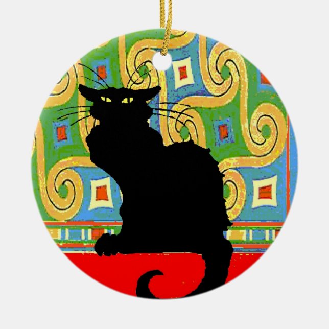 Black Cat on Abstract Wallpaper Ceramic Tree Decoration (Front)