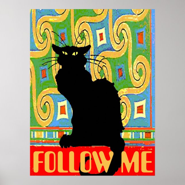 Black Cat on Abstract Wallpaper, edit text Poster (Front)