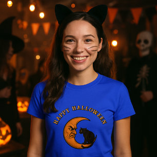 Black Cat on Angry Crescent Moon Halloween T-Shirt