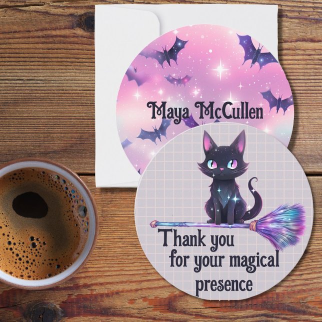 Black cat on bewitched broom pink halloween  thank you card (Thank you from one cute bewitched cat friend to you)