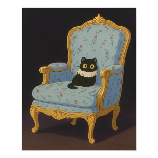 Black Cat on Blue Floral Armchair Photo Print (Front)