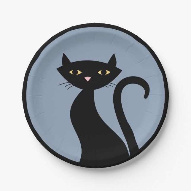 Black Cat on blue Paper Plate (Front)