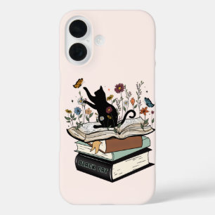 Black Cat on Book Funny Cat iPhone 16 Case