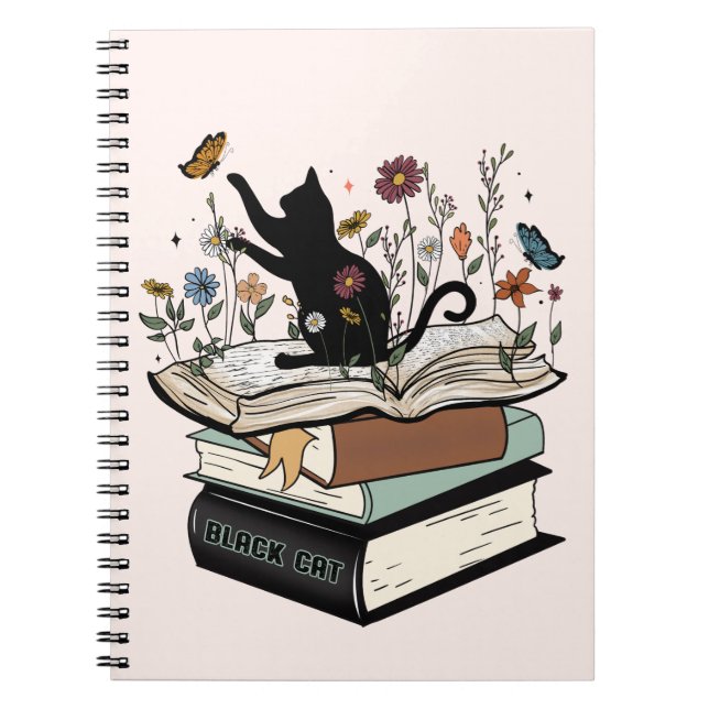Black Cat on Book Funny Cat Notebook  (Front)