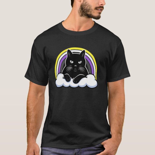 Black Cat on Cloud Nonbinary Pride Enby Calm Power T-Shirt (Front)