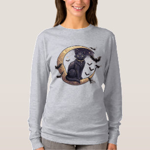Black Cat on Crescent Moon PNG Celestial Witchy T-Shirt
