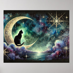 Black Cat on Crescent Moon with Starry Night Sky Poster