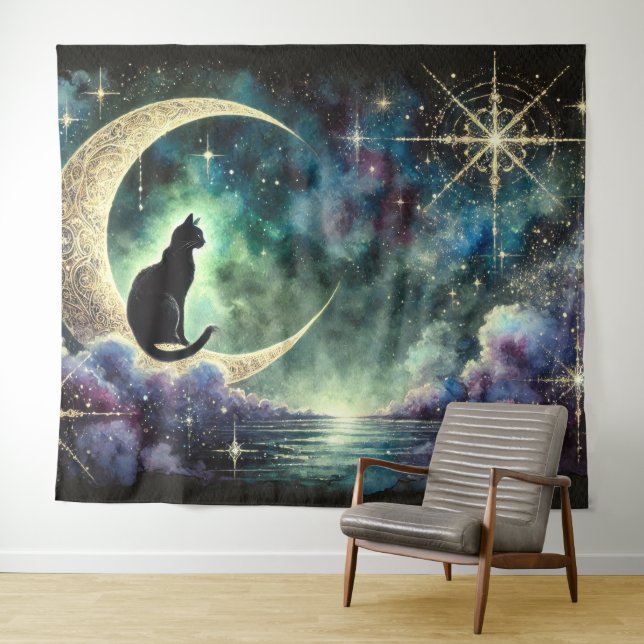 Black Cat on Crescent Moon with Starry Night Sky Tapestry (In Situ (Horizontal))