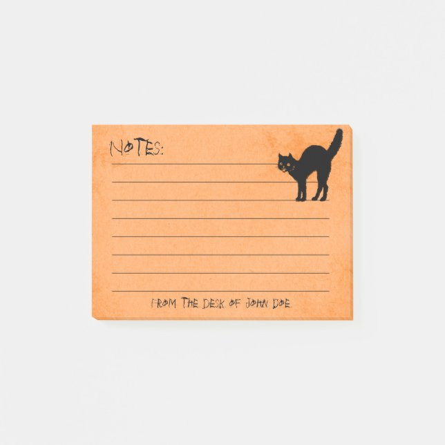 Black Cat on Custom Halloween Orange Note Pad: (Front)