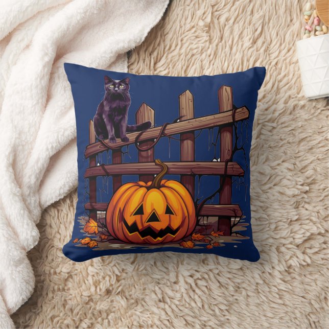 Black Cat on Fence Jack-O' Lantern Halloween Cushion (Blanket)