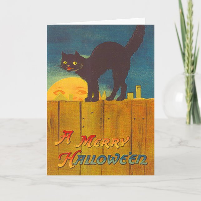 Black Cat On Fence Man In The Moon Card (Front)