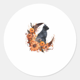 Black Cat On Floral Moon Pumpkin Black Cat Hallowe Classic Round Sticker