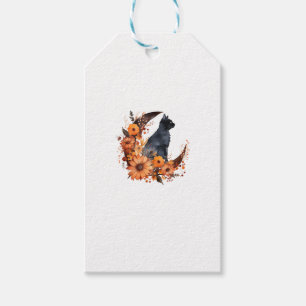 Black Cat On Floral Moon Pumpkin Black Cat Hallowe Gift Tags