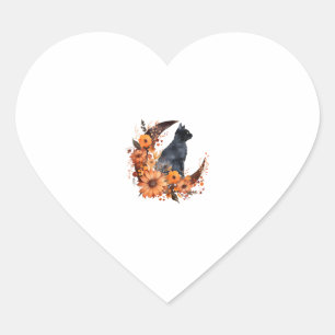 Black Cat On Floral Moon Pumpkin Black Cat Hallowe Heart Sticker