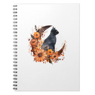 Black Cat On Floral Moon Pumpkin Black Cat Hallowe Notebook