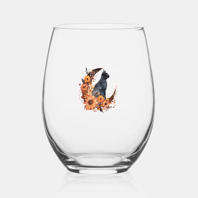 Black Cat On Floral Moon Pumpkin Black Cat Hallowe Stemless Wine Glass (Front)