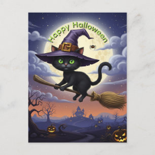 Black Cat on Flying Broom Holiday Postcard