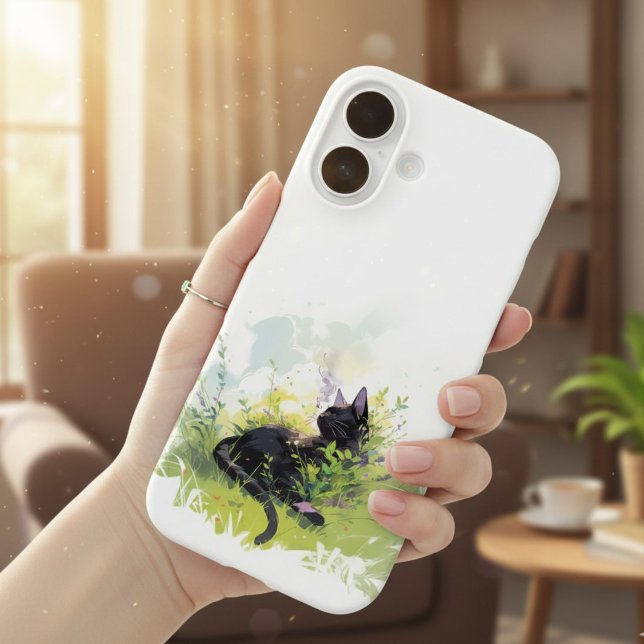 Black Cat on Grass iPhone 16 Case (Purr-fectly peaceful. Cute black cat iPhone 16 case.)