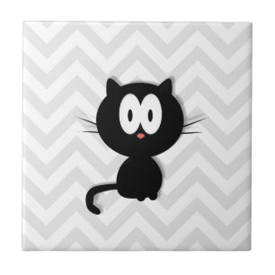 Black Cat on grey chevron Ceramic Tile