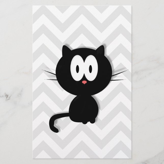 Black Cat on grey chevron Stationery (Front)